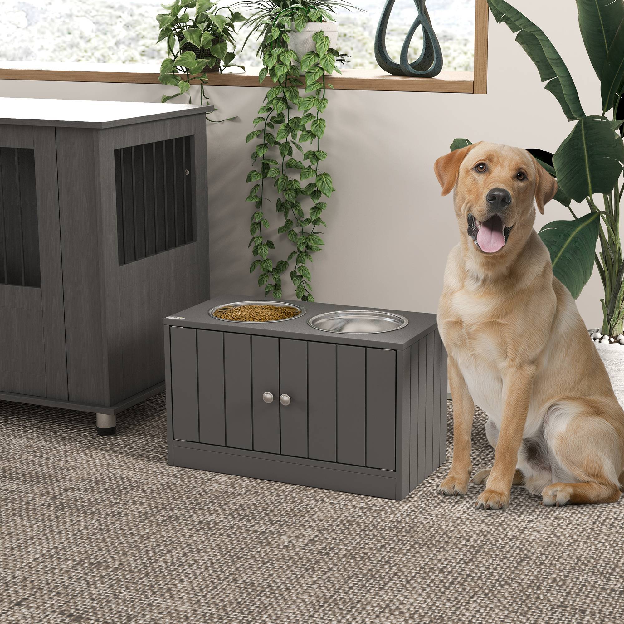 ComfortXL - Station repas chien surélevée MDF gris 60 x 30 x 35,5 cm 2 gamelles inox rangement 44 L portes magnétiques - Image 1