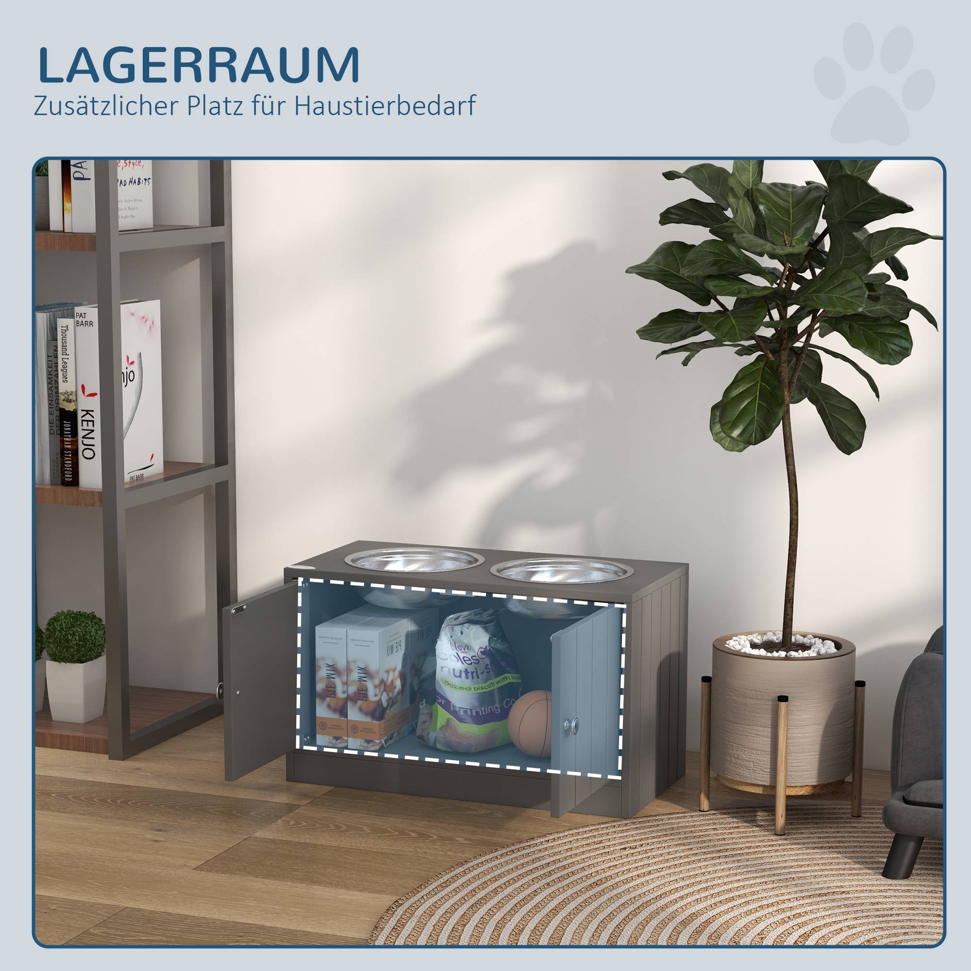 ComfortXL - Station repas chien surélevée MDF gris 60 x 30 x 35,5 cm 2 gamelles inox rangement 44 L portes magnétiques - Image 5