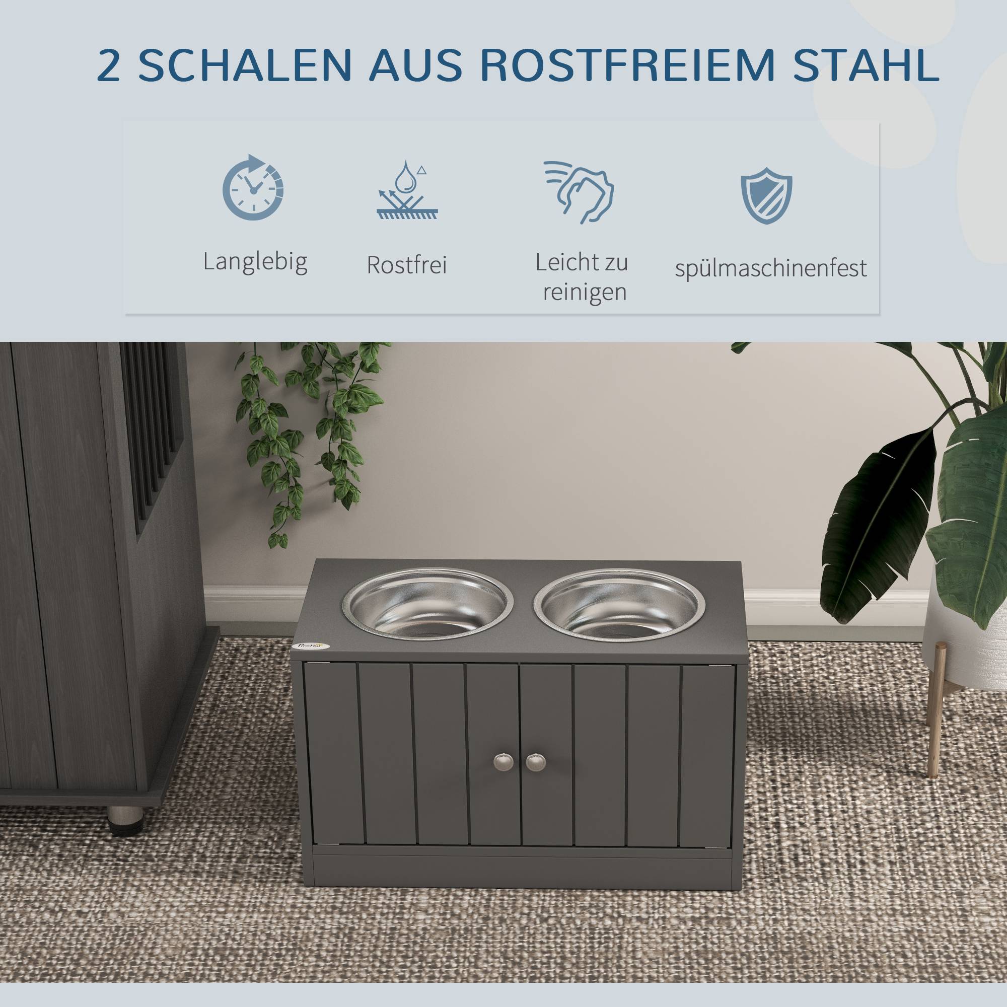 ComfortXL - Station repas chien surélevée MDF gris 60 x 30 x 35,5 cm 2 gamelles inox rangement 44 L portes magnétiques - Image 4