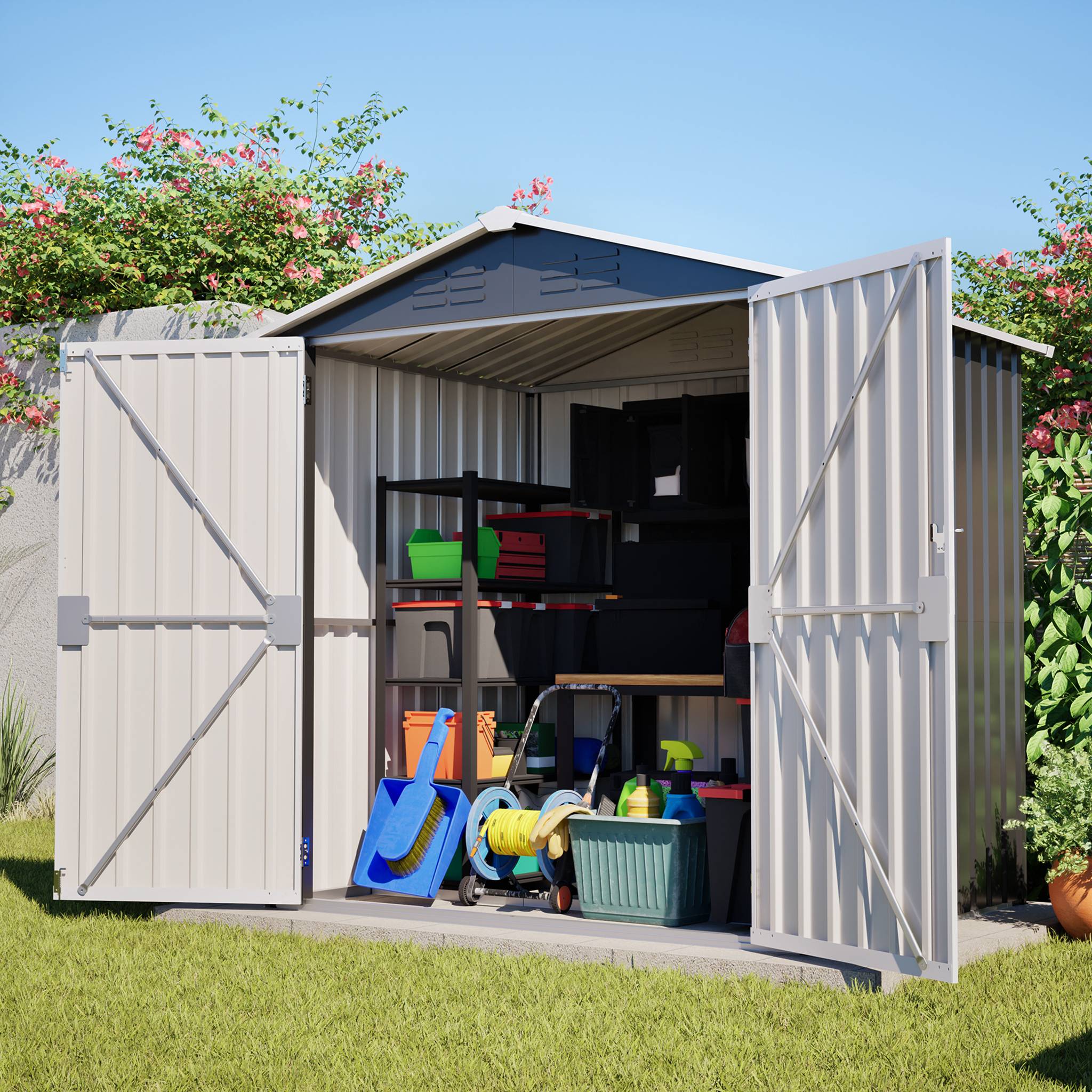 Abri Jardin Métal Acier Rangement Outils 142x185cm Gris - ComfortXL Outdoor Living - Image 10