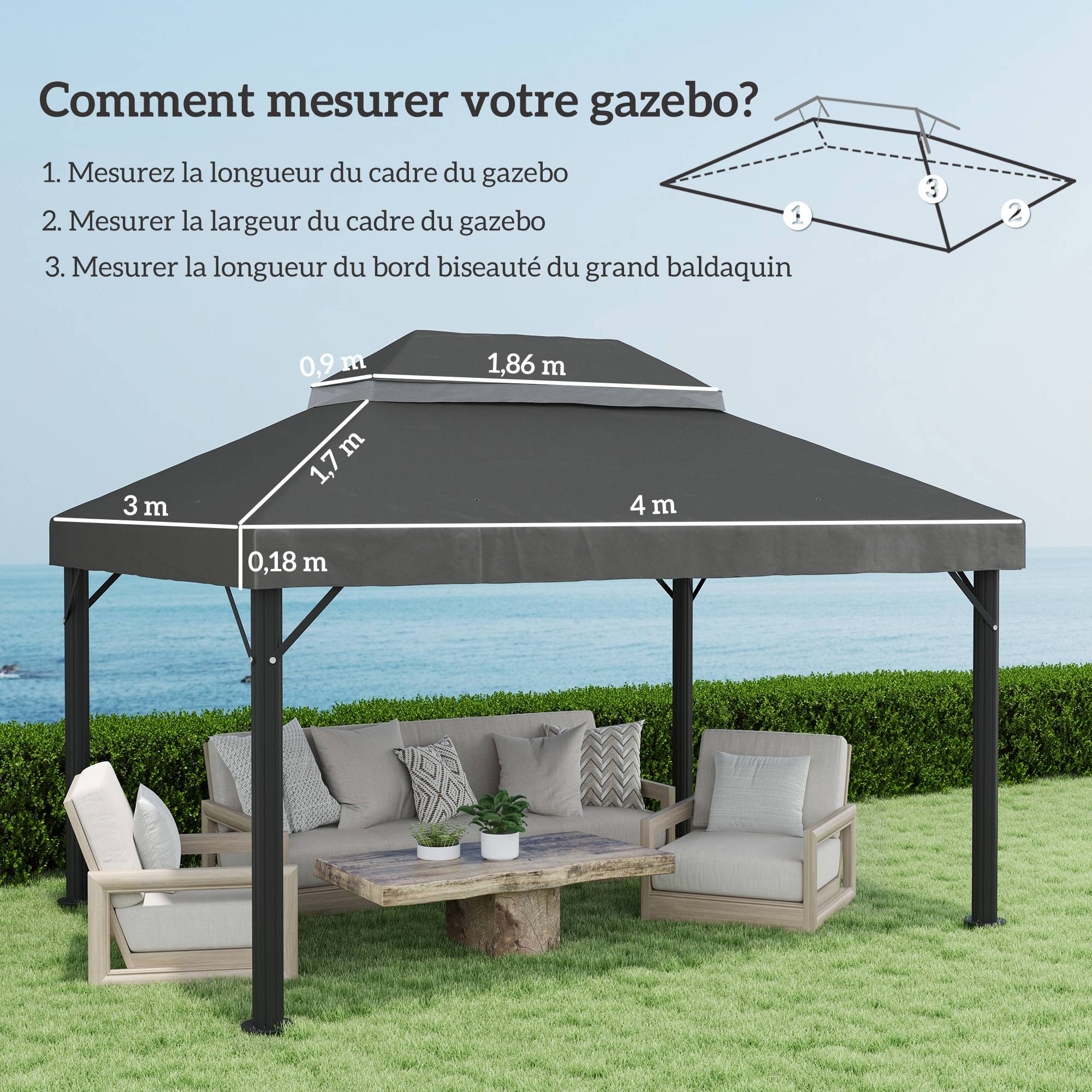 Outsunny - Toile de rechange pavillon tonnelle 4x3m toit double trous drainage polyester 370g/m² UPF30+ gris - OUTSUNNY - Image 3