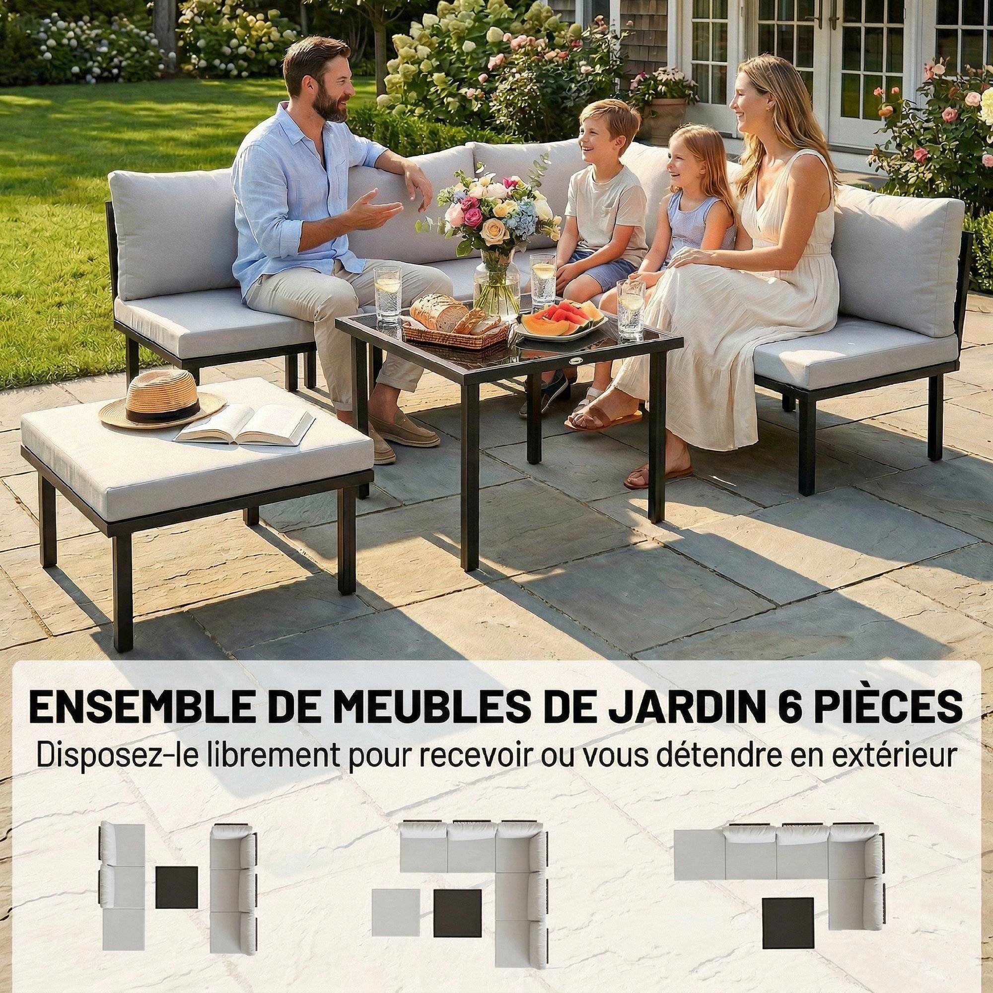 Salon de jardin extérieur d'angle modulable 6 personnes, canapés, table basse et coussins, gris foncé - Image 6