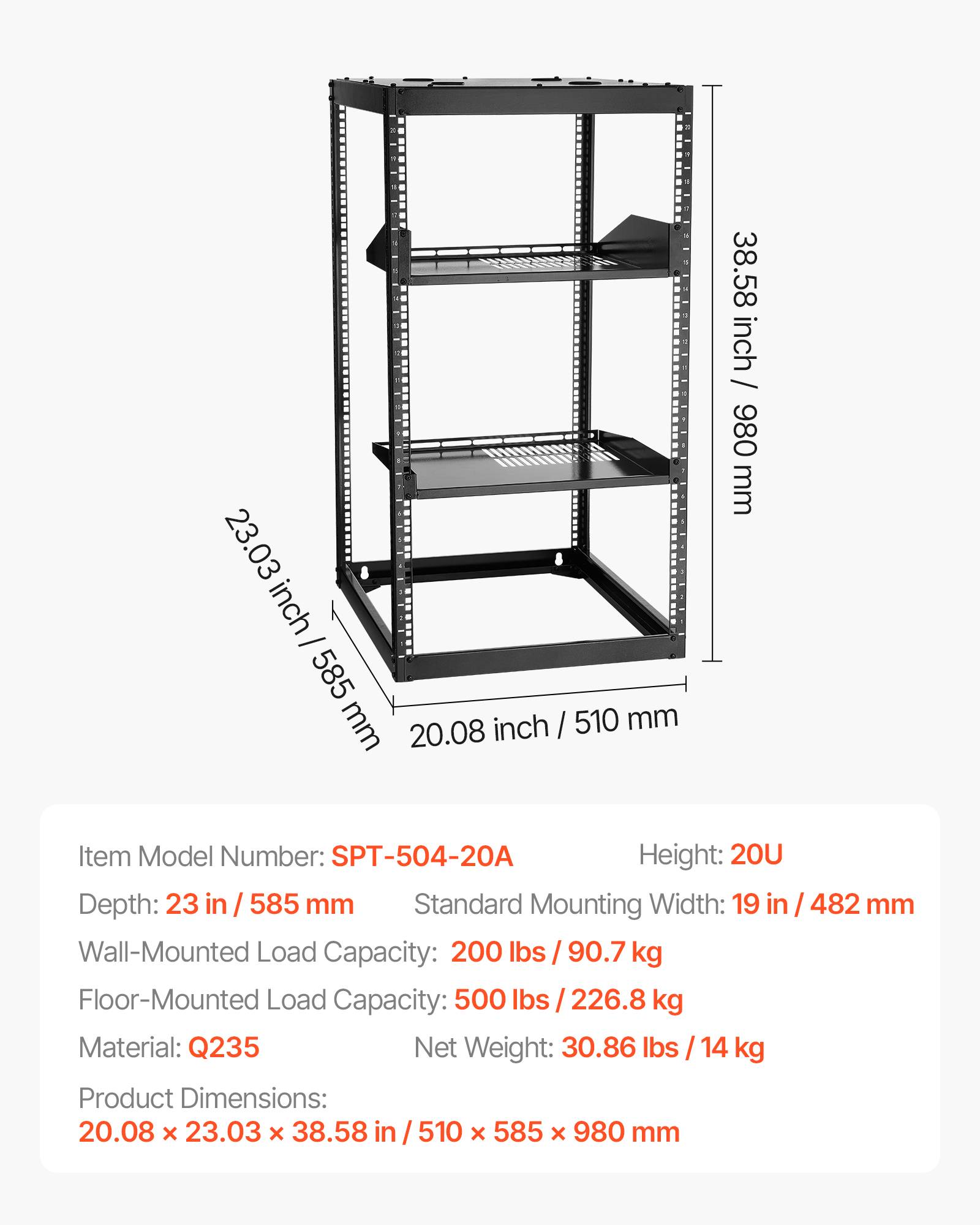 Vevor - VEVOR Rack serveur 20U cadre ouvert, profondeur 585 mm, montage 19 po, étagères ventilées et kit de montage inclus. - Image 6