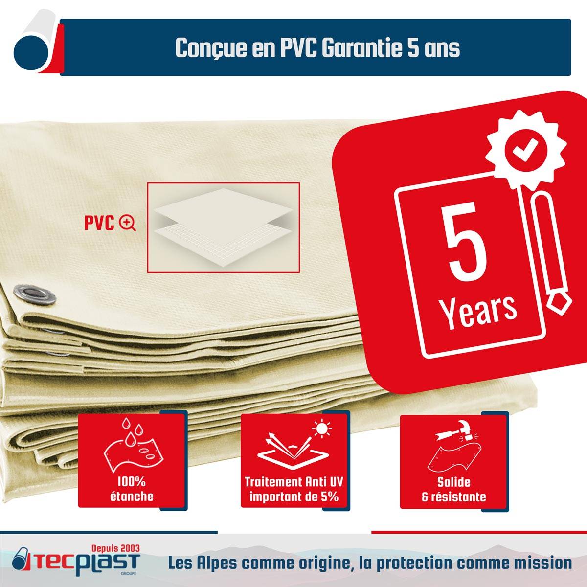Toile Pergola Blanc Crème 3,5x3,5 m LP506PR - Garantie 5 ans - Bâche Pergola ou Tonnelle étanche en PVC pour terrasse TECPLAST - Image 2