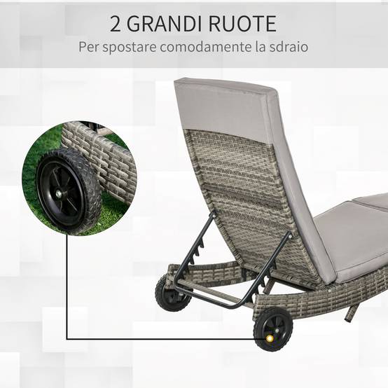 Chaise longue jardin rotin PE dossier réglable et coussin, 207x70x70cm, gris - Image 6