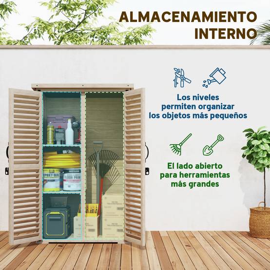 Abri de jardin bois 75x50x118cm, armoire rangement outils 2 étagères 2 portes naturel - Image 6