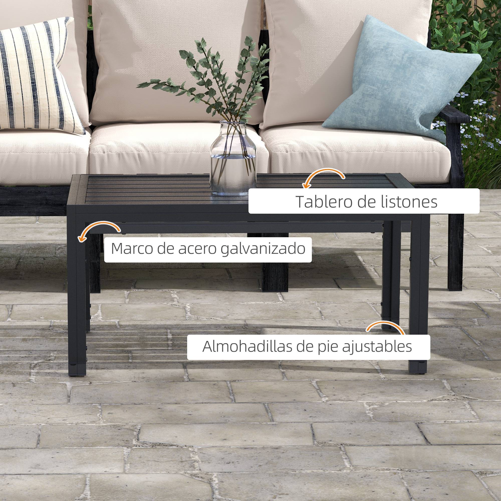 Table basse de jardin rectangulaire avec structure en acier galvanisé pour terrasse/patio, 101,5 x 61 x 46 cm, noire - Image 6