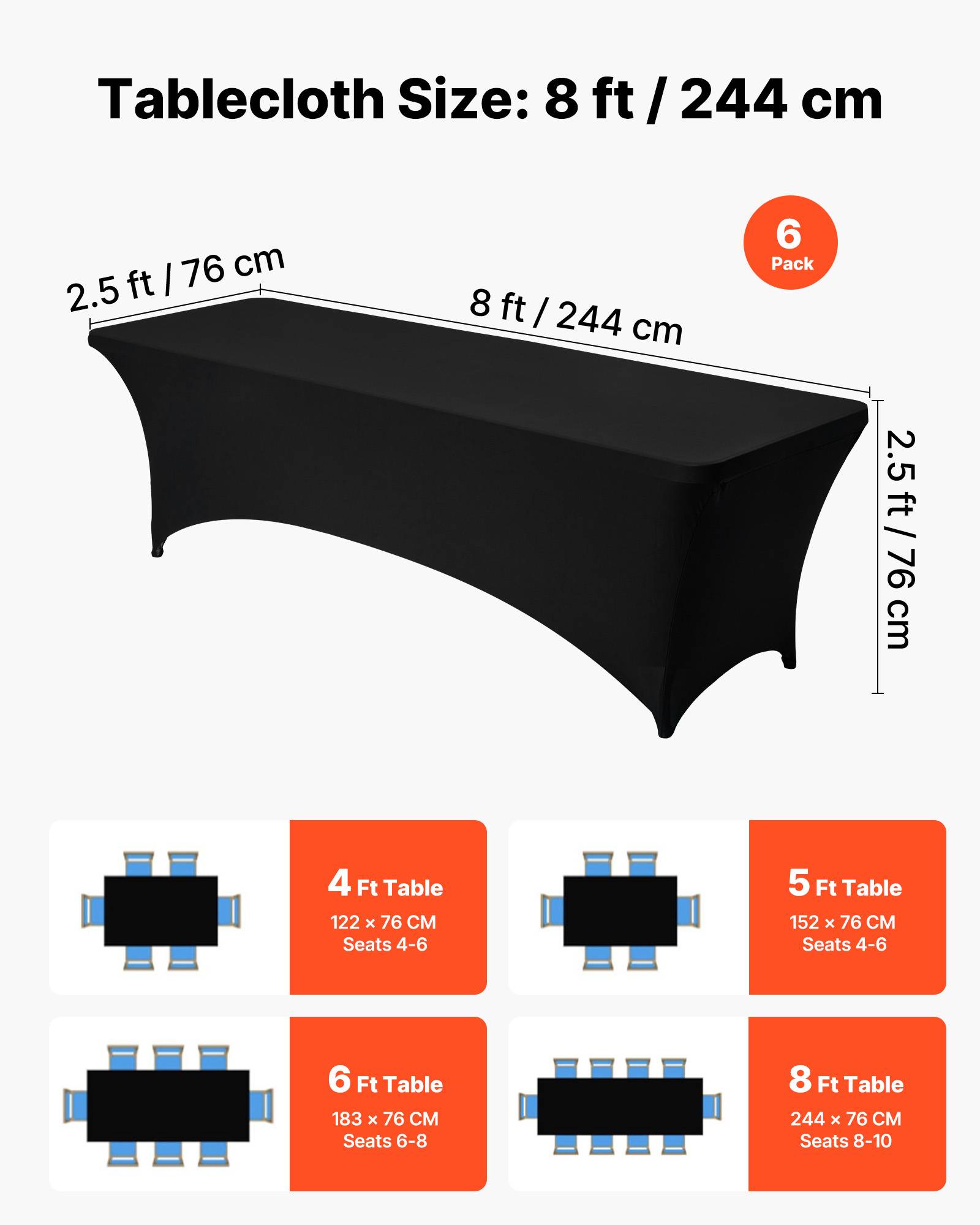 Vevor - VEVOR Nappe extensible en polyester et élasthanne 244 x 76 x 76 cm 6 pcs noir - Image 4