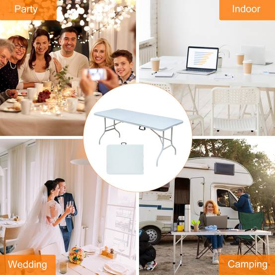 Table pliante robuste 244cm, portable avec poignée, multifonctionnelle fêtes camping intérieur extérieur, charge 135kg (blanc) - Image 7