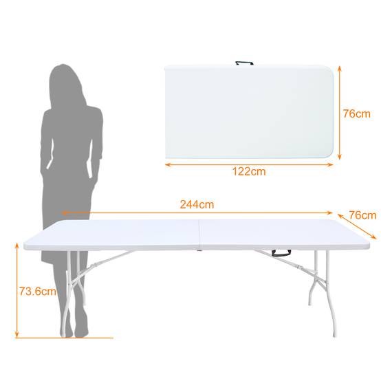 Table pliante robuste 244cm, portable avec poignée, multifonctionnelle fêtes camping intérieur extérieur, charge 135kg (blanc) - Image 6