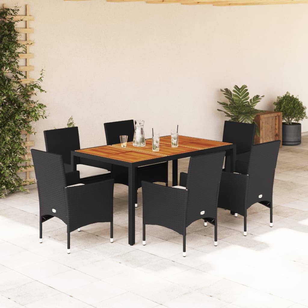 Ensemble Table et Chaises de Jardin 6 Personnes Résine Tressée et Acacia avec Coussins Confortables pour Repas Noir 150cm – ComfortXL Outdoor Living - Image 1