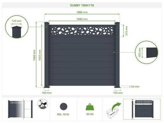 Casanoov Kit clôture aluminium semi-ajourée SUNNY – H.170 cm – L.1,90 m – kit complet - Image 2