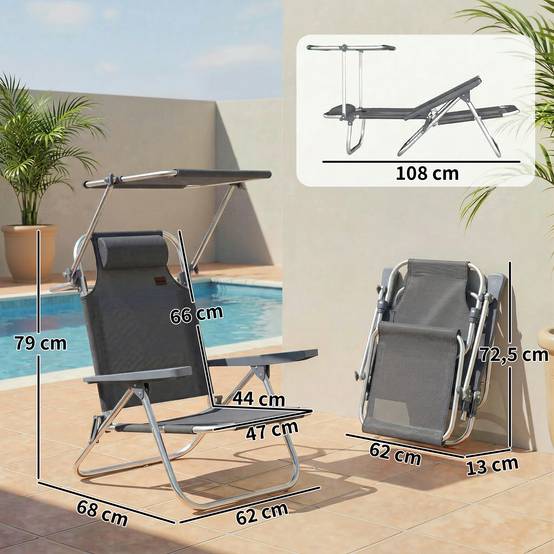 Chaise longue pliable Longue de jardin avec toit réglable par coussin, dossier réglable dans 6 directions 62 x 68 x 79 cm Gris - Image 3