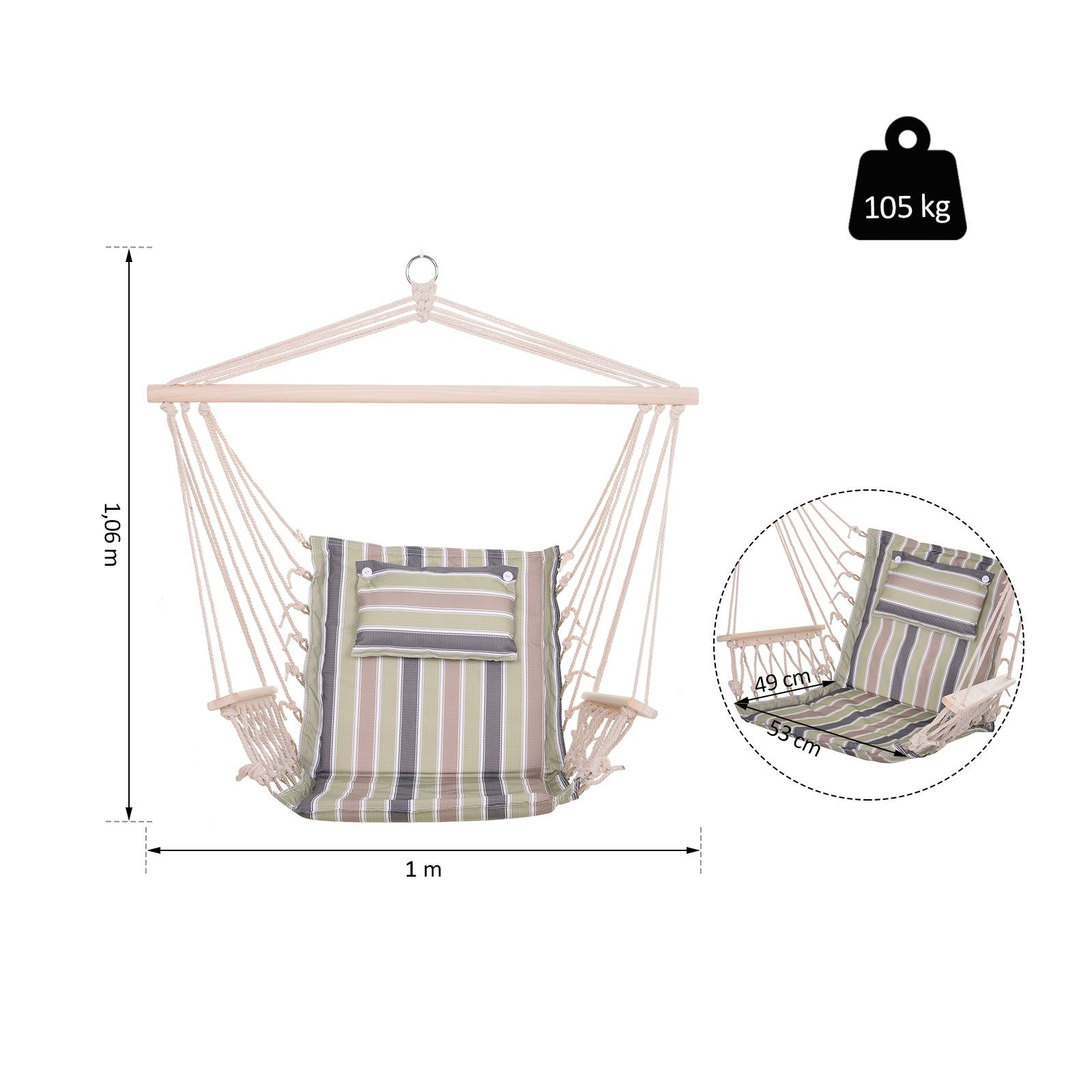 Chaise suspendue hamac coton jardin assise respirante macramé 100cm rayé - ComfortXL Outdoor Living - Image 4