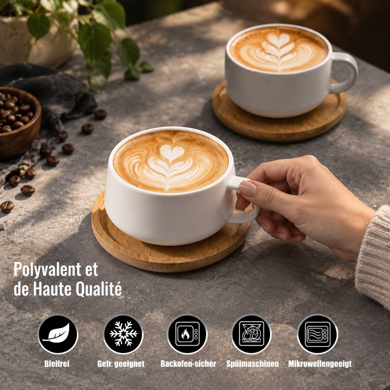 Tasse à Cappuccino avec Soucoupe en Céramique et Bois 320 ml Lot de 4 - Image 7
