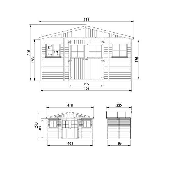 Timbela - Abri de Jardin en Bois Naturel H246x418x220 cm / 8 m² avec fenêtres - Atelier rangement outils et vélos - 17 mm d’épaisseur - Timbela M332 - Image 7