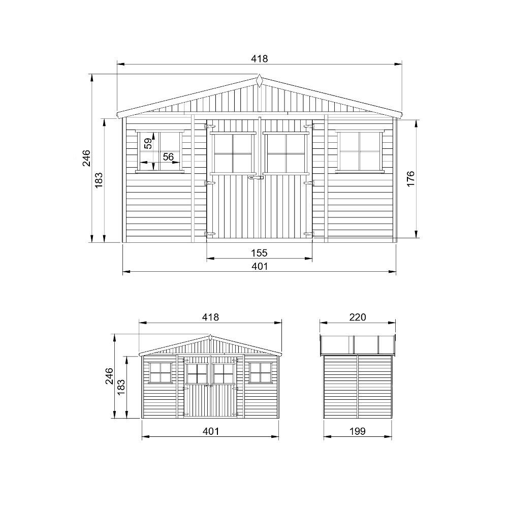 Timbela - Abri de Jardin en Bois Naturel H246x418x220 cm / 8 m² avec fenêtres - Atelier rangement outils et vélos - 17 mm d’épaisseur - Timbela M332 - Image 7