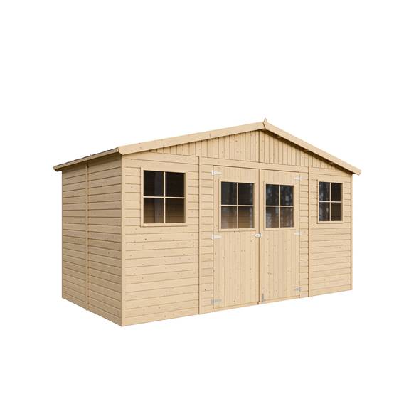Timbela - Abri de Jardin en Bois Naturel H246x418x220 cm / 8 m² avec fenêtres - Atelier rangement outils et vélos - 17 mm d’épaisseur - Timbela M332 - Image 4