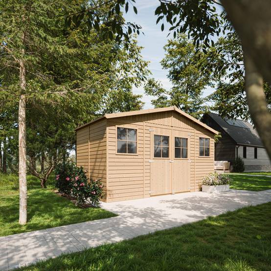 Timbela - Abri de Jardin en Bois Naturel H246x418x220 cm / 8 m² avec fenêtres - Atelier rangement outils et vélos - 17 mm d’épaisseur - Timbela M332 - Image 1