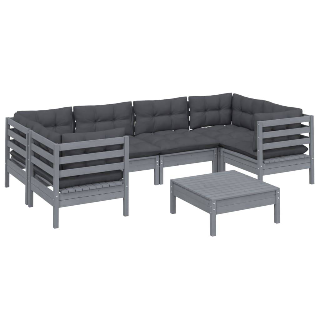 Helloshop26 - Salon de jardin meuble d'extérieur ensemble de mobilier 7 pièces avec coussins gris bois de pin - Image 1