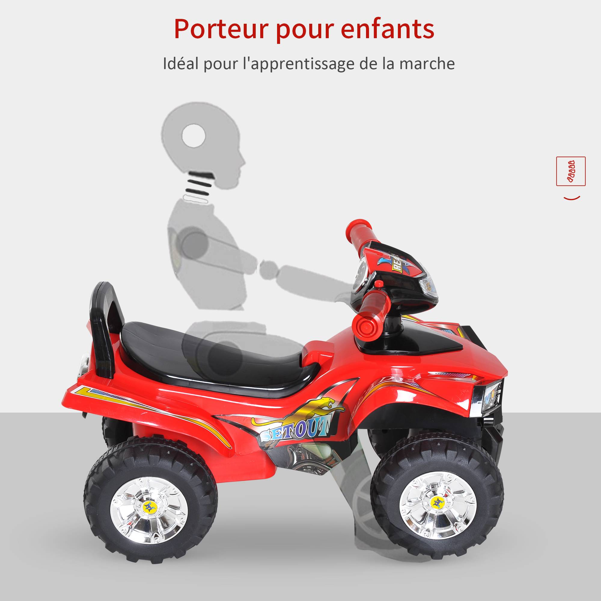 Porteur Enfants Quad 12-36 Mois dim. 60L x 38l x 42H cm Effets Lumineux et sonores Rouge Noir - Image 8