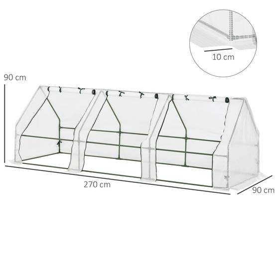 Sans Marque - Mini Serre de Jardin mini serre tunnel 270L x 90l x 90H cm toit pointu Acier PE Haute densité 140 g/m² Anti-UV 3 fenêtres avec Zip enroulables Blanc - Image 5