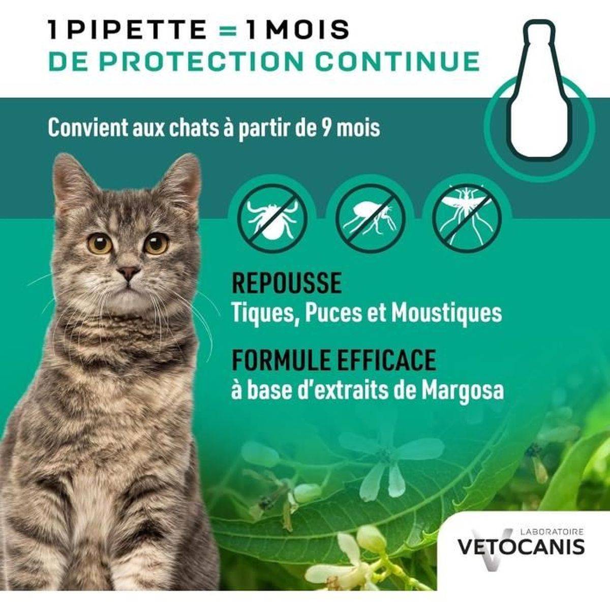 Pipettes antiparasitaires chat anti-puces et anti-tiques éco pack 4 x 1,2 mL - VETOCANIS - Image 2