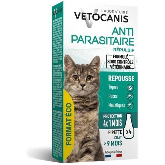 Pipettes antiparasitaires chat anti-puces et anti-tiques éco pack 4 x 1,2 mL - VETOCANIS - Image 1