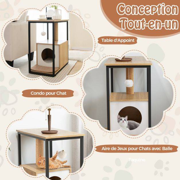 Helloshop26 - Arbre à chat 66 cm griffoir pompon suspendu coussin amovible niche repose-pieds réglables 60 x 36 x 66 cm cadre en métal naturel - Image 4