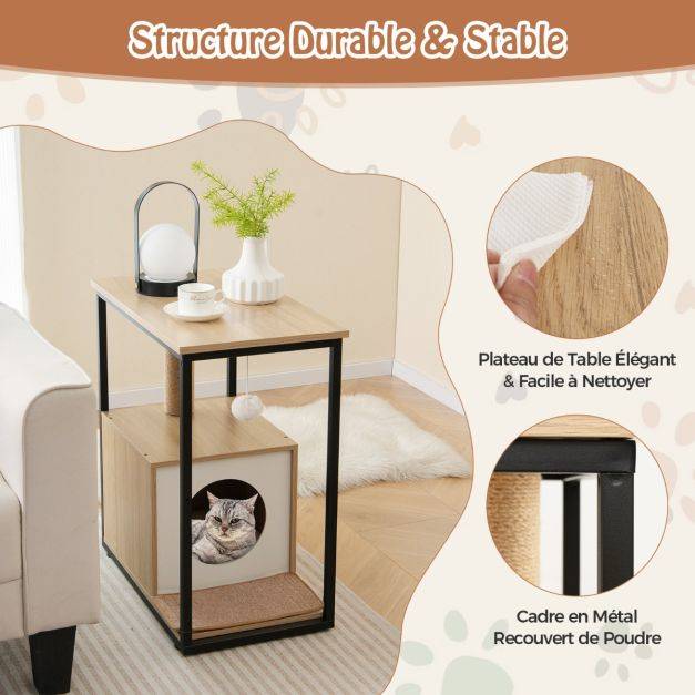 Helloshop26 - Arbre à chat 66 cm griffoir pompon suspendu coussin amovible niche repose-pieds réglables 60 x 36 x 66 cm cadre en métal naturel - Image 5