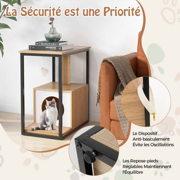 Helloshop26 - Arbre à chat 66 cm griffoir pompon suspendu coussin amovible niche repose-pieds réglables 60 x 36 x 66 cm cadre en métal naturel - Image 3
