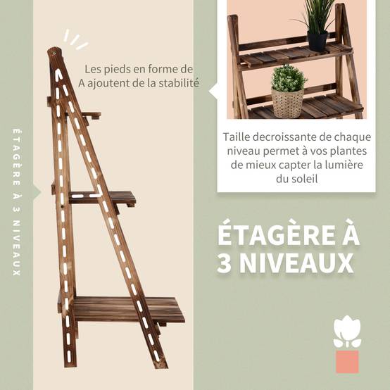 Sans Marque - Étagère à plantes en bois forme pyramidale échelle pliante avec 3 étagères 60 x 37 x 93 cm marron - Image 7