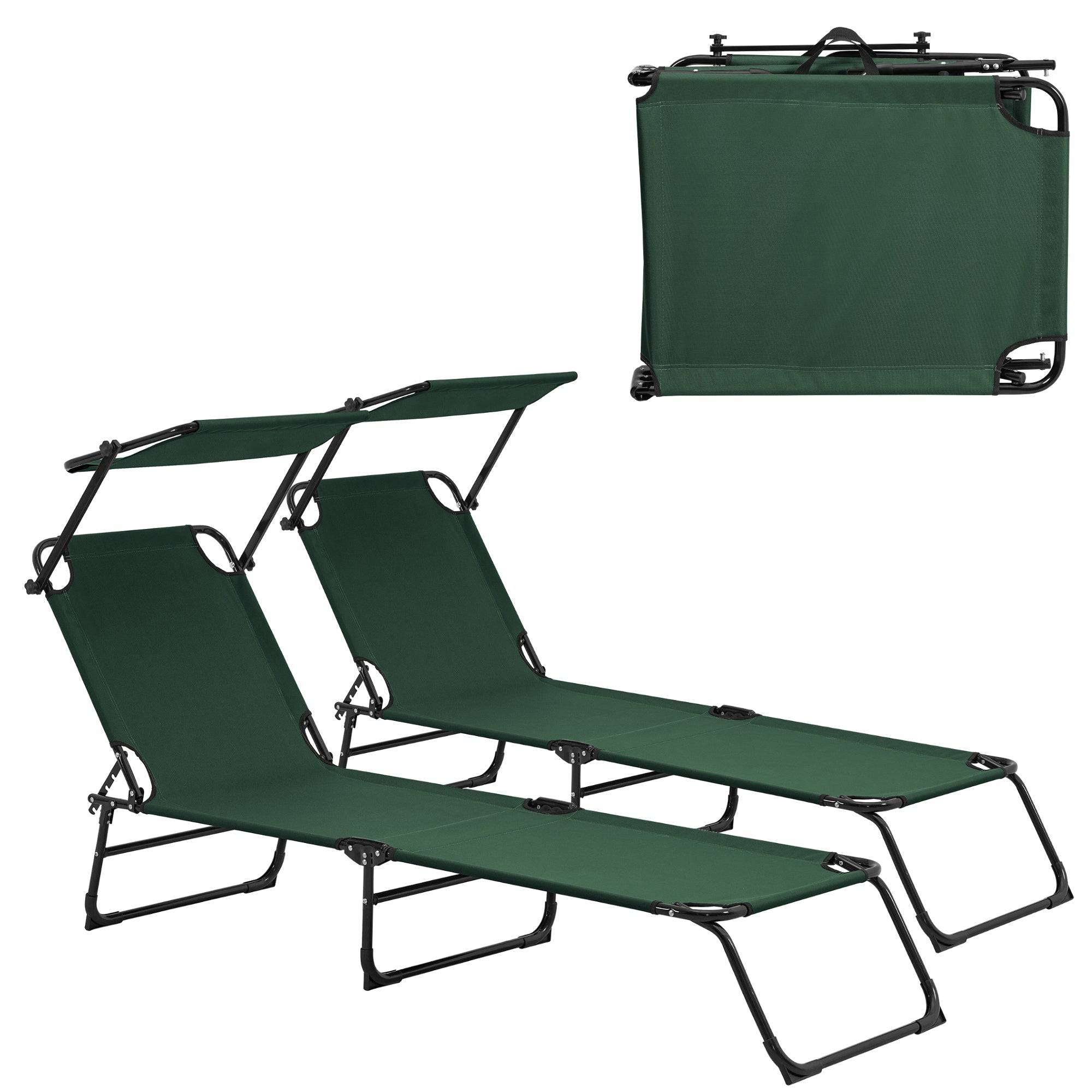 Helloshop26 - Lot de 2 transats pliable avec toiture pare-soleil de relax acier 190 cm vert foncé - Image 1