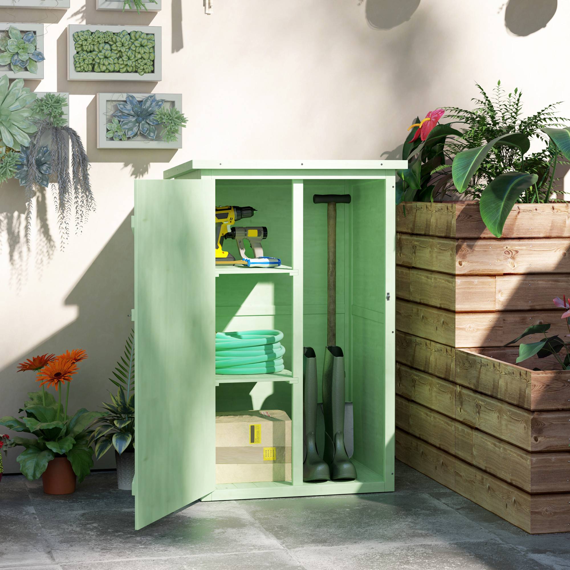 Abri de jardin en bois avec espace de rangement, porte verrouillable, sol en asphalte, toit monopente, 75 x 56 x 115 cm - Image 3