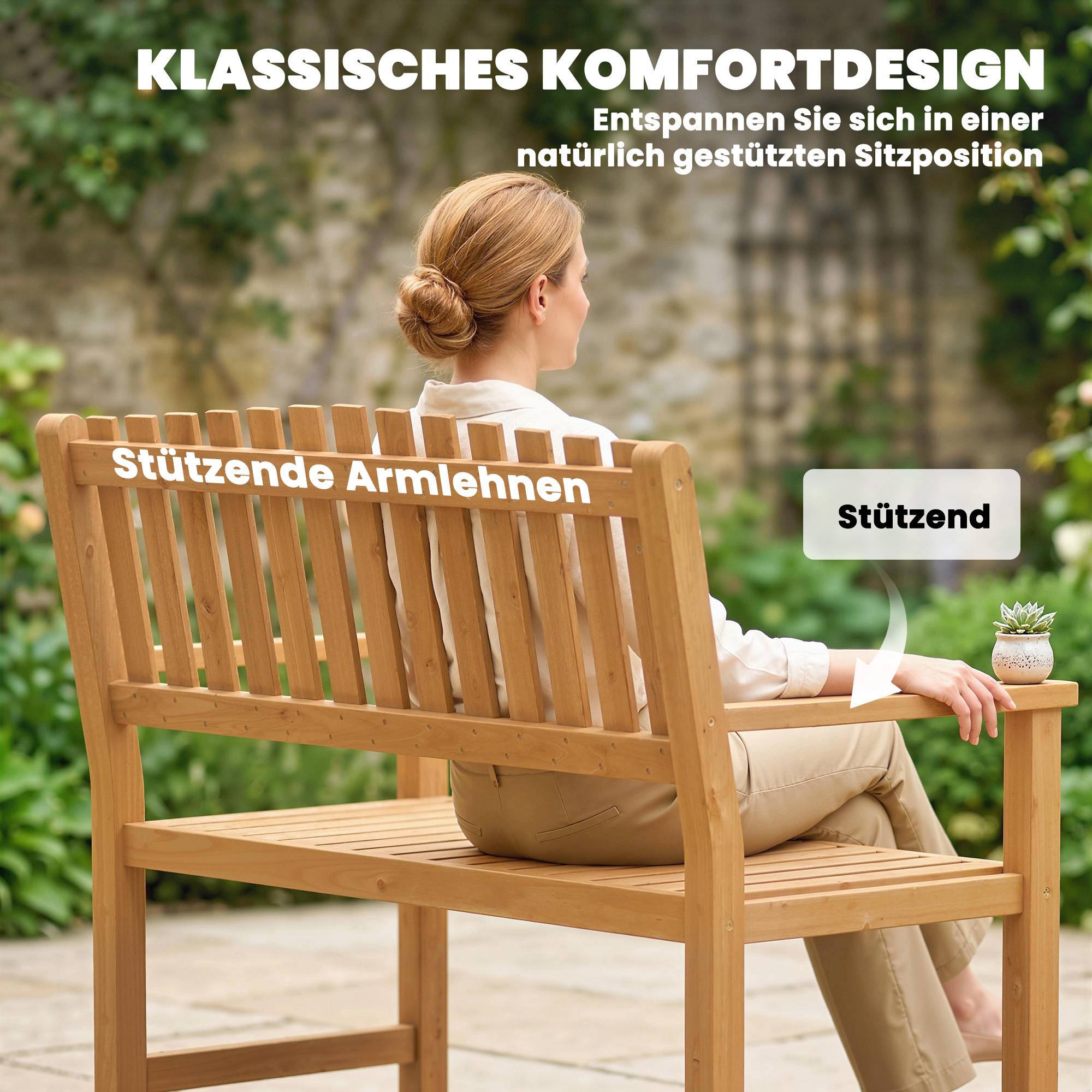 Banc de jardin 2 places en bois, résistant aux intempéries, structure à lattes, 112x64x92 cm, charge 320 kg, naturel - Image 8