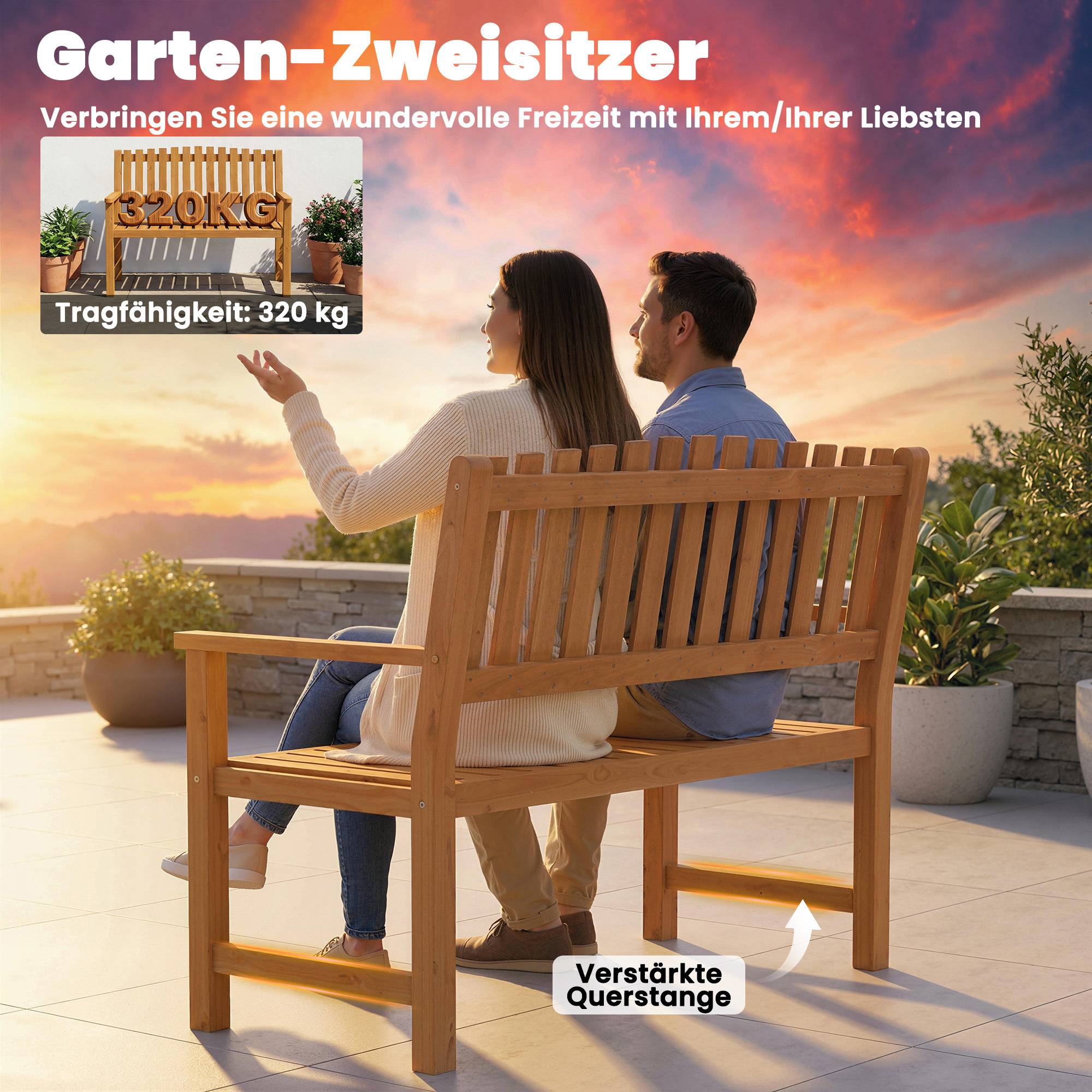 Banc de jardin 2 places en bois, résistant aux intempéries, structure à lattes, 112x64x92 cm, charge 320 kg, naturel - Image 7