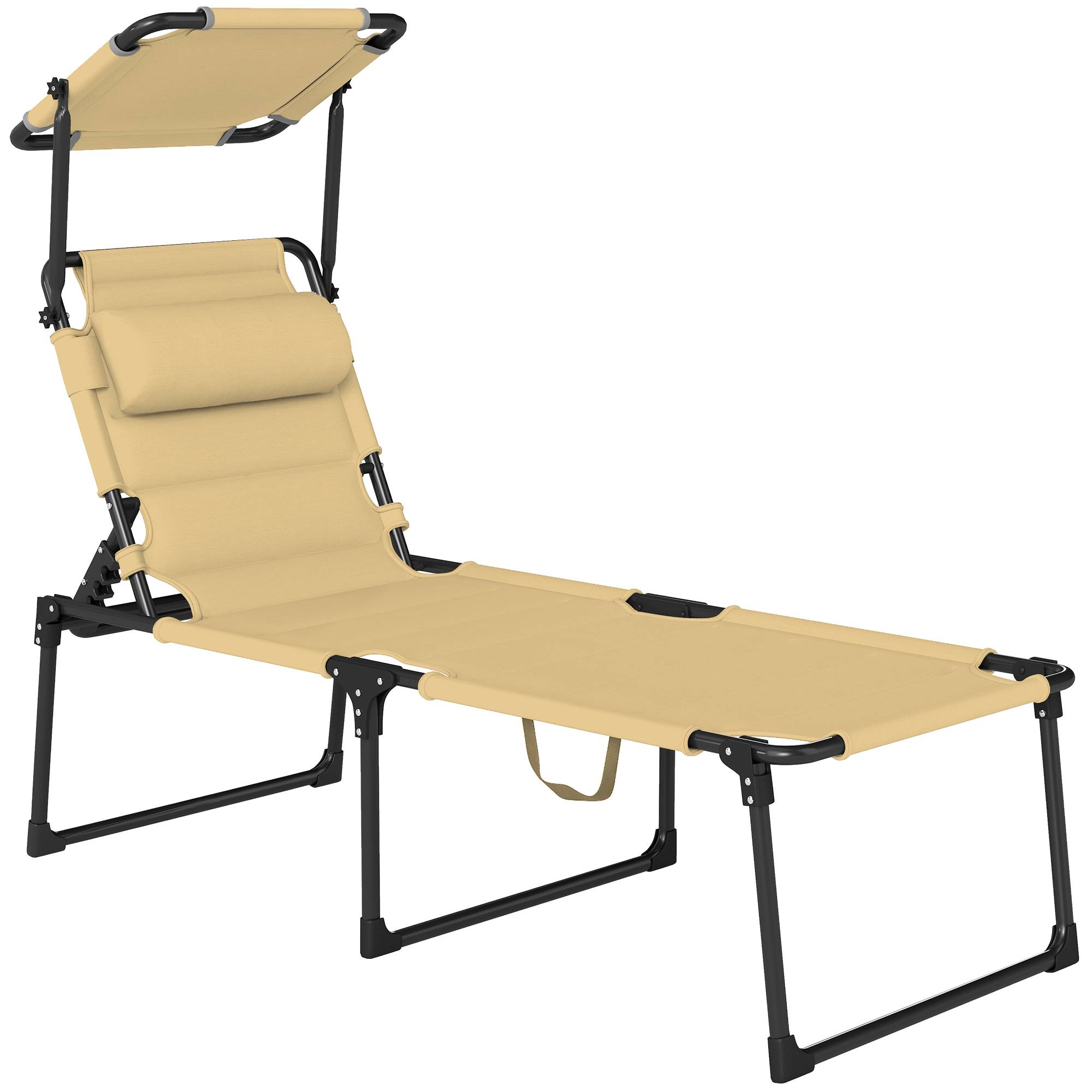 Bain de soleil chaise longue pliante avec pare-soleil appuie-tête, 200x70x45cm Tissu Oxford Crème fr19 - Image 1