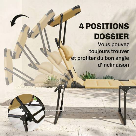 Bain de soleil chaise longue pliante avec pare-soleil appuie-tête, 200x70x45cm Tissu Oxford Crème fr19 - Image 6