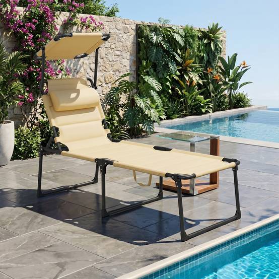 Bain de soleil chaise longue pliante avec pare-soleil appuie-tête, 200x70x45cm Tissu Oxford Crème fr19 - Image 3