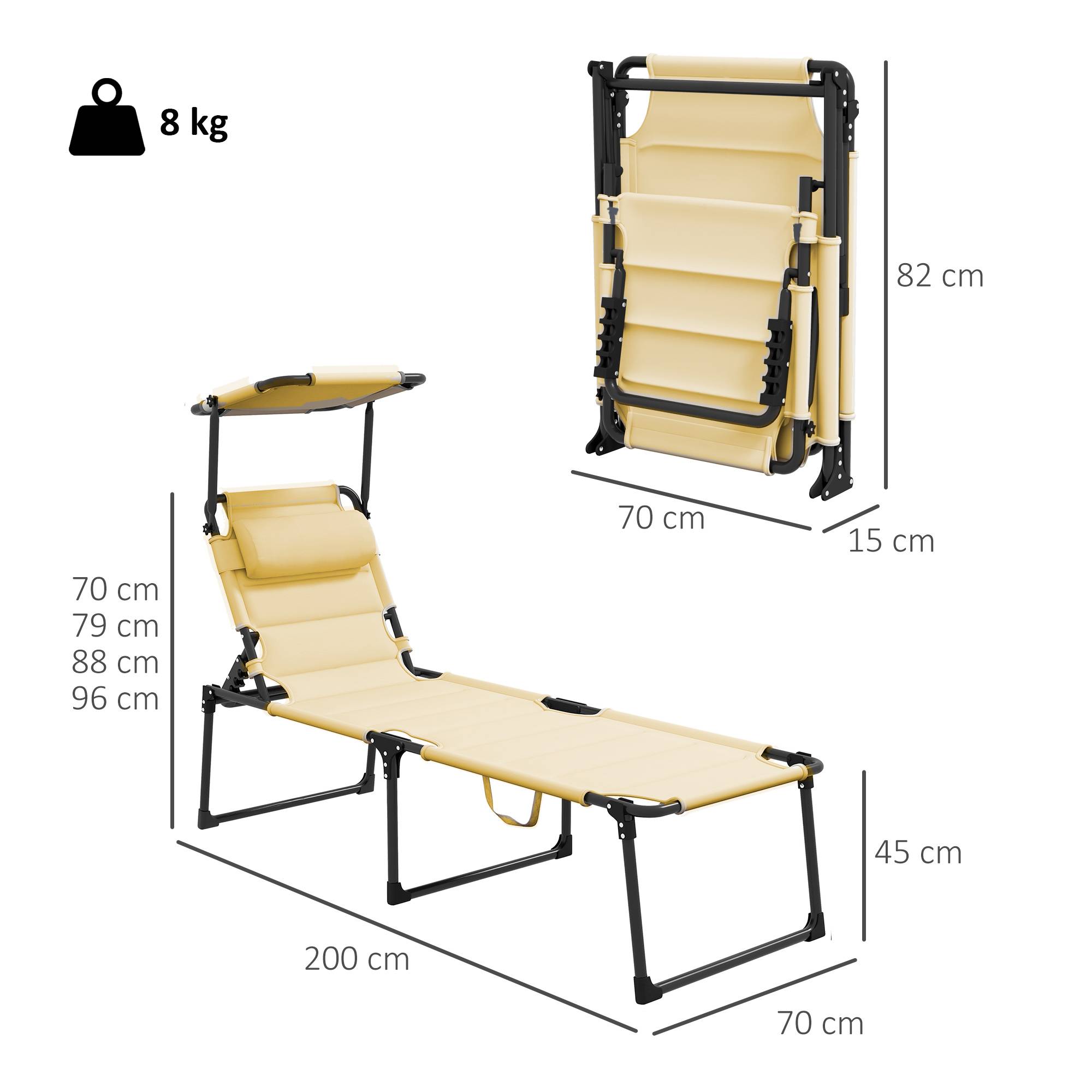 Bain de soleil chaise longue pliante avec pare-soleil appuie-tête, 200x70x45cm Tissu Oxford Crème fr19 - Image 5