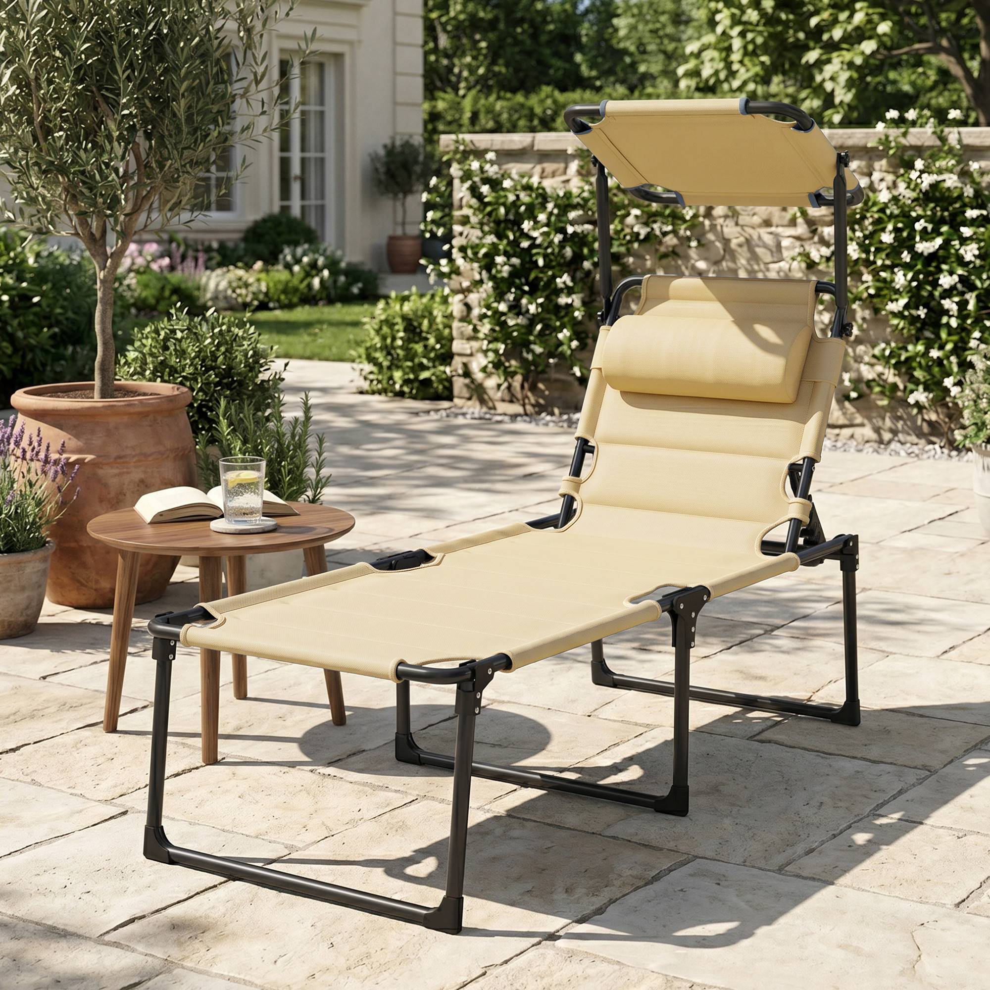 Bain de soleil chaise longue pliante avec pare-soleil appuie-tête, 200x70x45cm Tissu Oxford Crème fr19 - Image 4