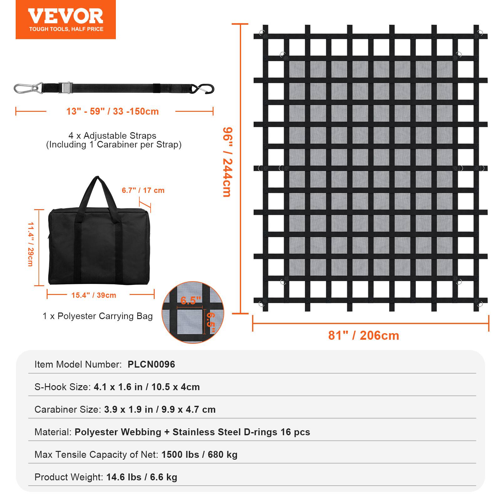 VEVOR Filet chargement 244x206cm, 680kg, 4 sangles, mousquetons. - Image 7
