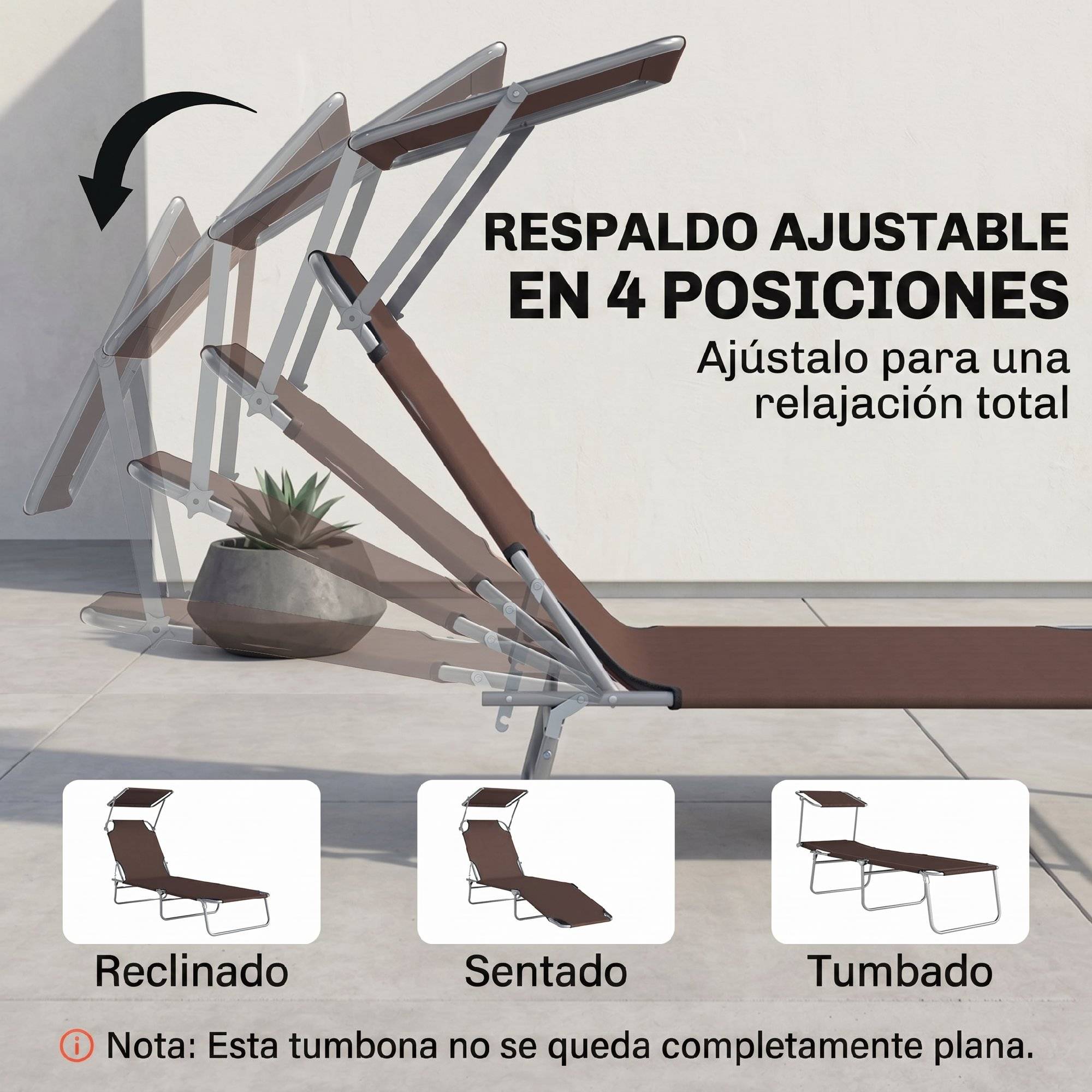 Transat pliant de jardin avec auvent et dossier inclinable pour jardin, terrasse, camping, 187 x 58 x 36 cm, marron - Image 7