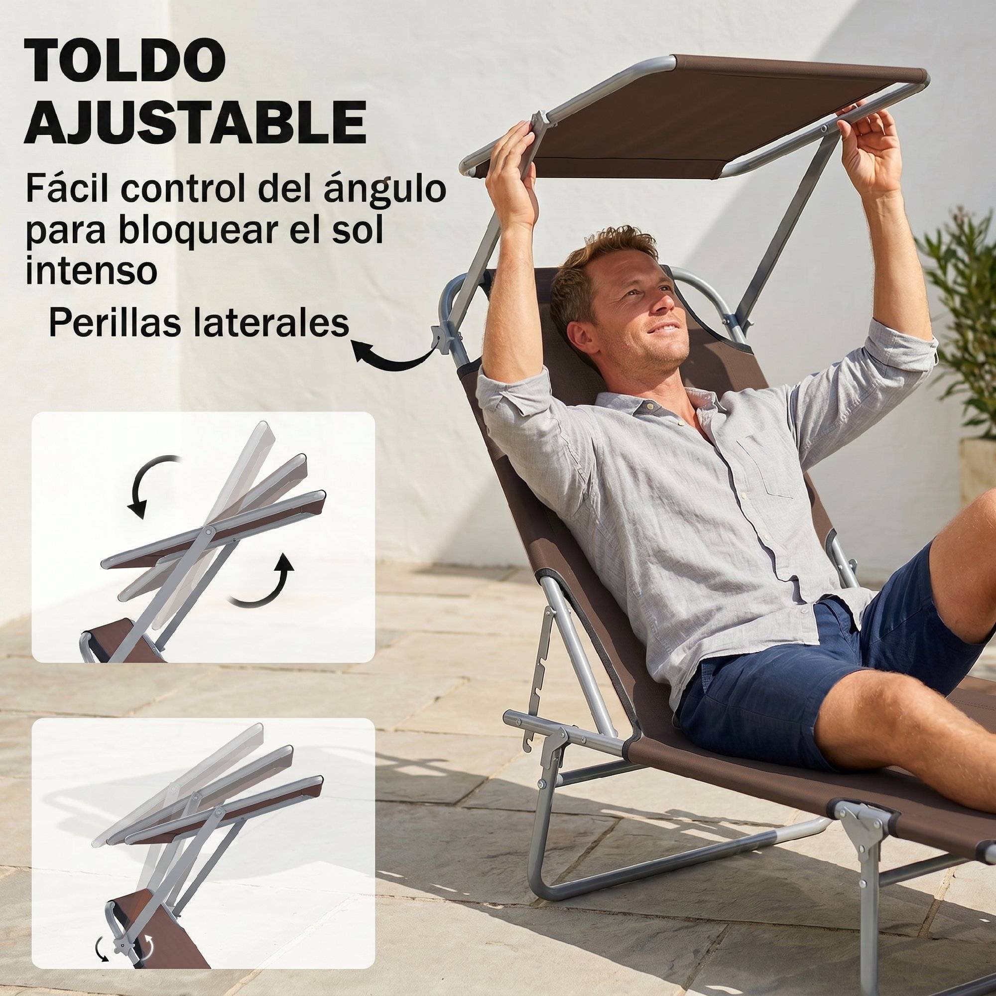 Transat pliant de jardin avec auvent et dossier inclinable pour jardin, terrasse, camping, 187 x 58 x 36 cm, marron - Image 6