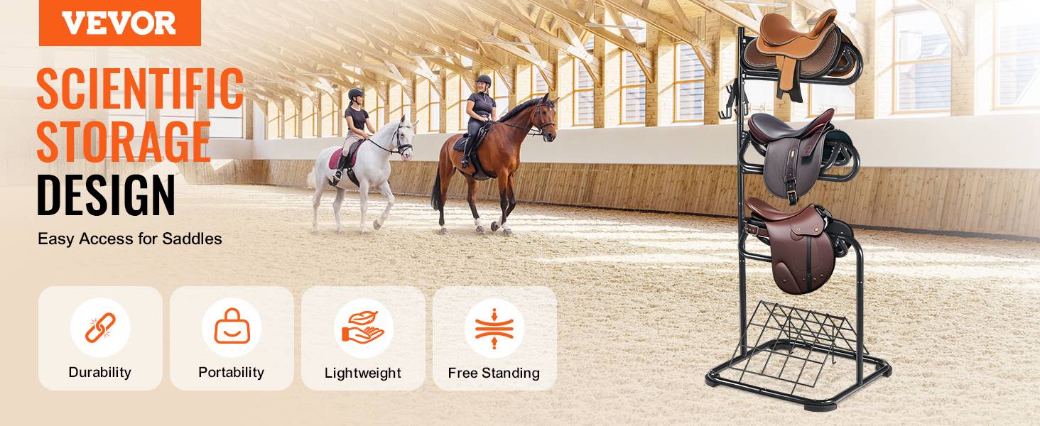 VEVOR Support selle cheval, porte-selle anglais/western autoportant. Niveaux rotatifs, rangement sellerie. - Image 9