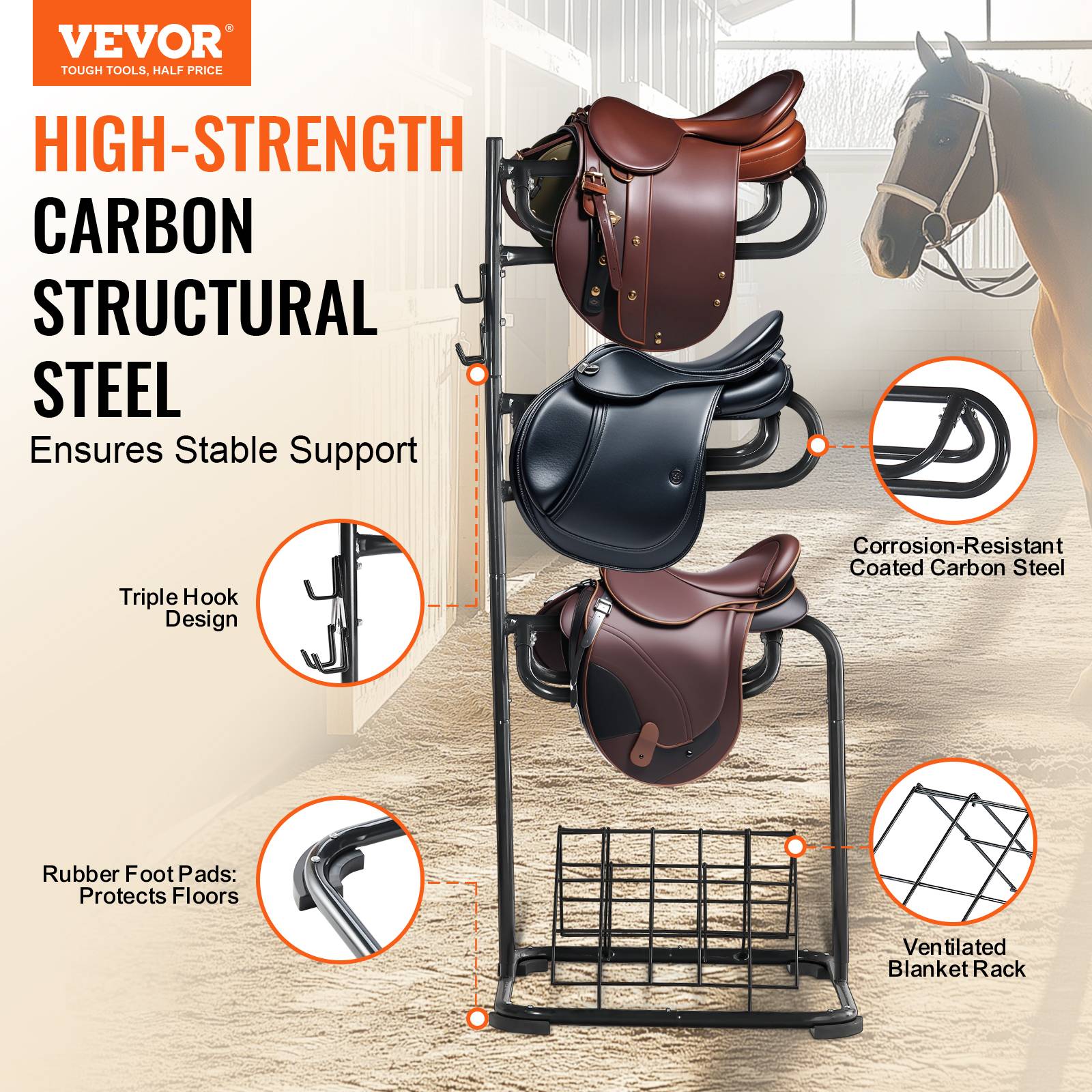 VEVOR Support selle cheval, porte-selle anglais/western autoportant. Niveaux rotatifs, rangement sellerie. - Image 2