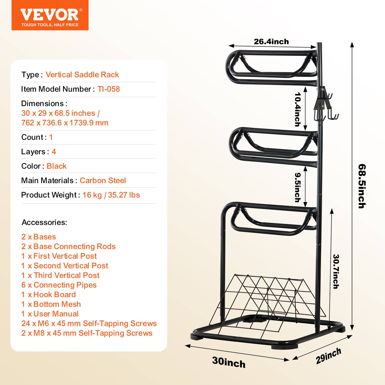 VEVOR Support selle cheval, porte-selle anglais/western autoportant. Niveaux rotatifs, rangement sellerie. - Image 7