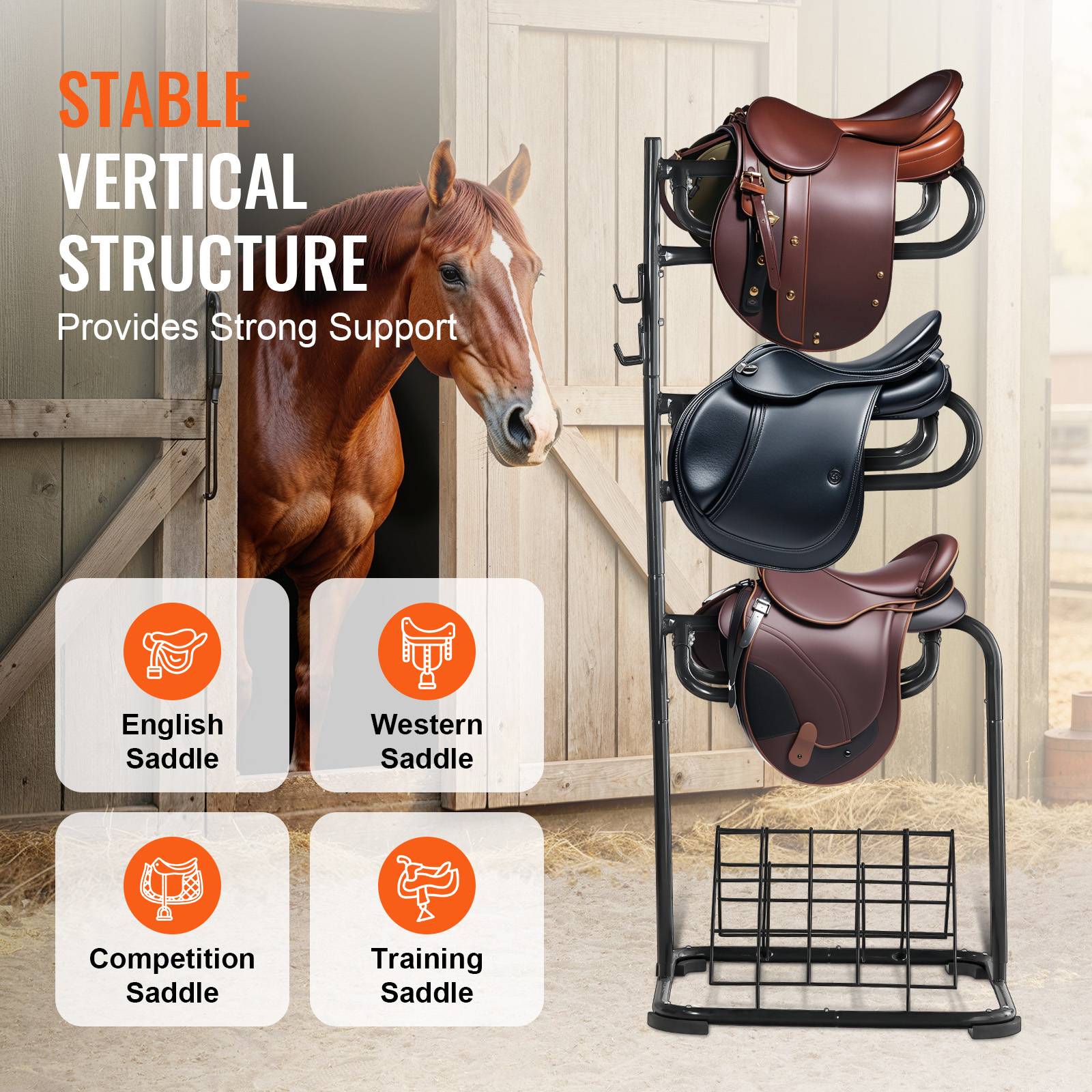 VEVOR Support selle cheval, porte-selle anglais/western autoportant. Niveaux rotatifs, rangement sellerie. - Image 5