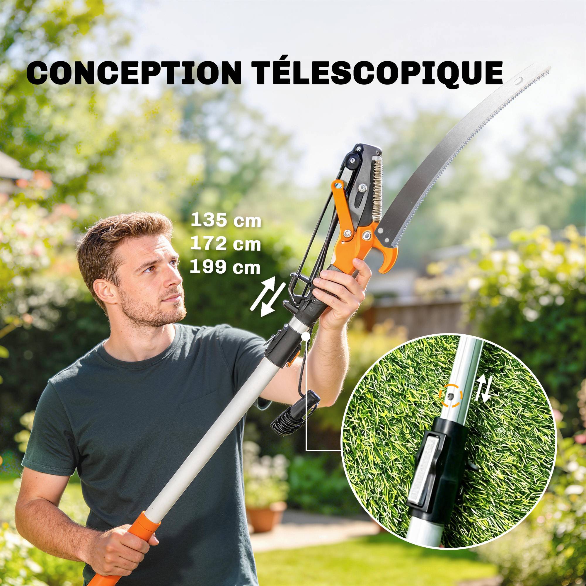 ComfortXL - Élagueur télescopique 2 en 1 aluminium acier 65Mn 200 cm orange taille jardin - ComfortXL Outdoor Living - Image 7