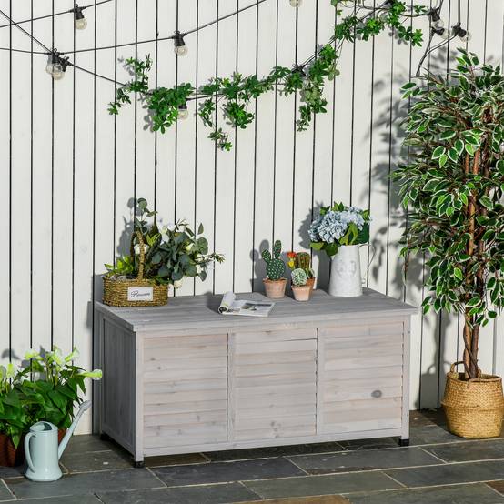 ComfortXL - Coffre de jardin en bois de sapin gris clair 127 x 56 x 60 cm rangement extérieur ventilé et polyvalent - Image 1